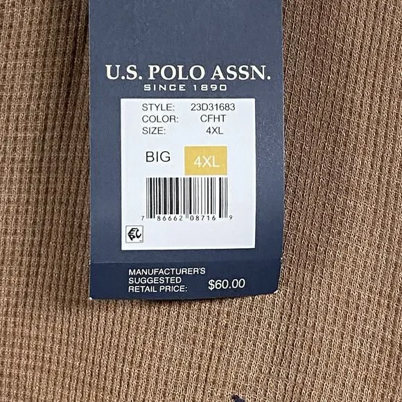 US Polo Assn Thermal Shirt Men's 4XL Logo Waffle Knit Crew Neck Brown New - Picture 7 of 7